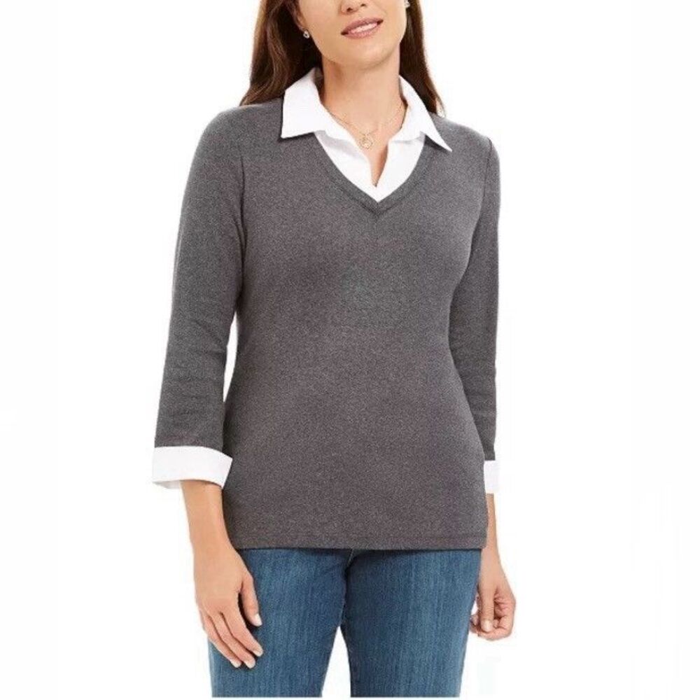 Karen Scott S NWT Gray Peeking Collar Layered Look 3/4 Sleeve 100% Cotton Top